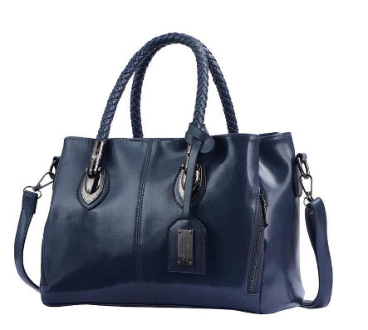 Women's vintage oil wax PU handbag in Blue with braided handle on white background front view | Avenue