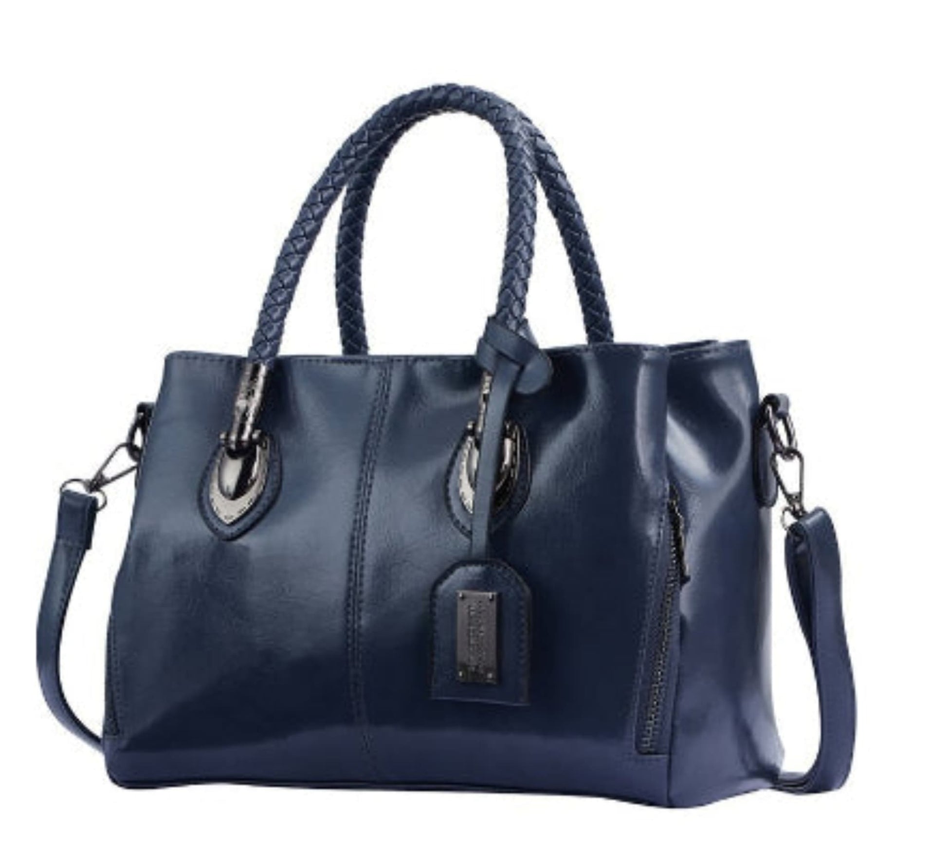 Women's vintage oil wax PU handbag in Blue with braided handle on white background front view | Avenue
