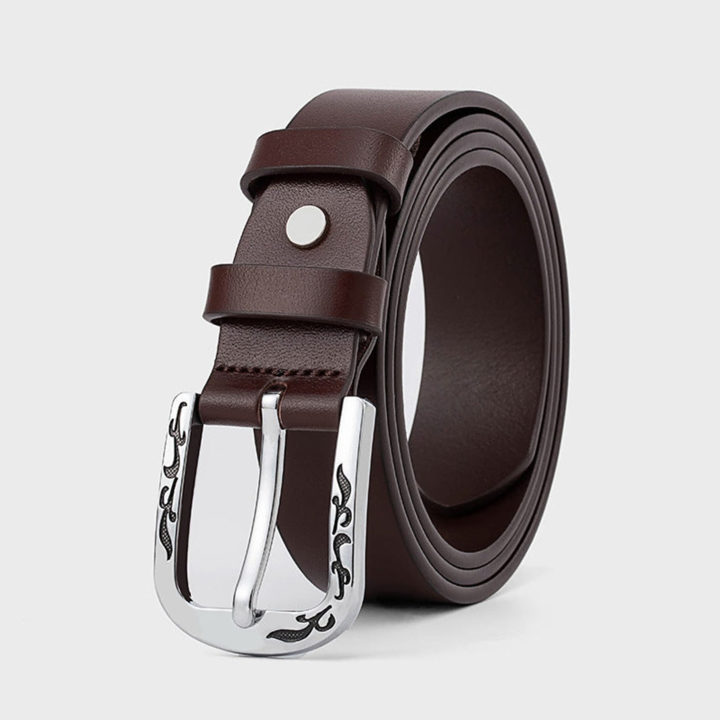Women's Slim Brown Leather Belt with Engraved Floral Silver D-Buckle – Avenue