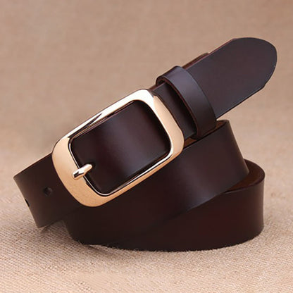 Women's coffee leather fashion belt with gold buckle, loose coil with belt tail flipped upward – Avenue