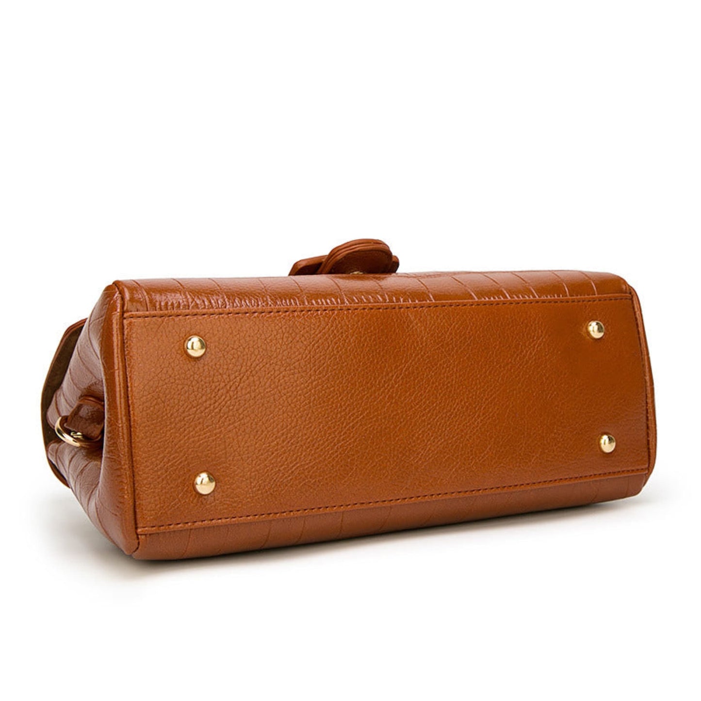 Women's Crocodile Pattern Leather Handbag in Brown – Bottom View Showing 4 Gold Protective Studs | Avenue