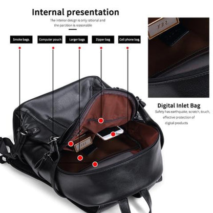 Men's leather backpack with USB charging port in black showing labeled compartments layout on a white background | Avenue