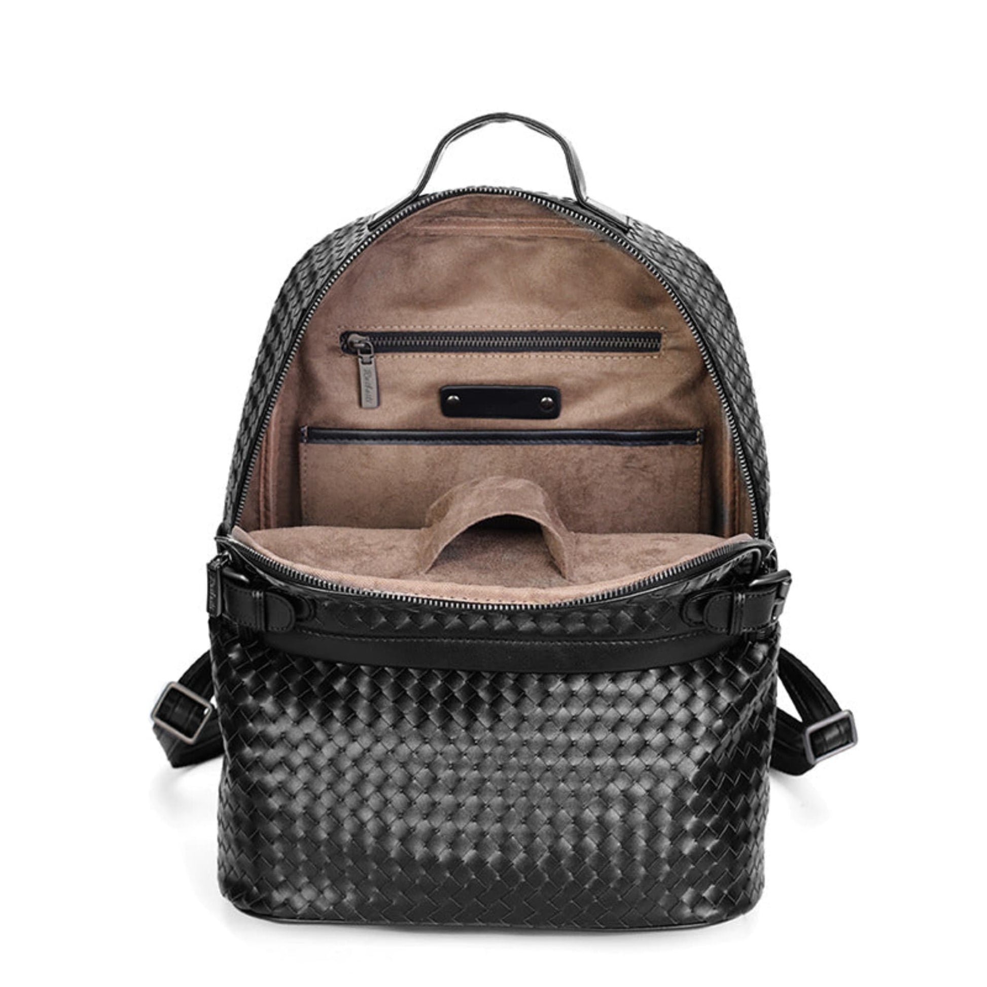 Interior view of black braided leather backpack – showing flocking lining, zipper pocket and open main compartment | Avenue