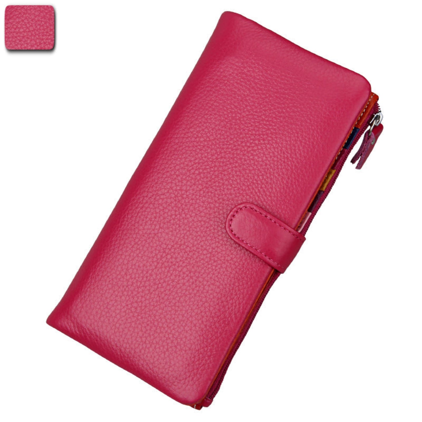 Women's RFID blocking genuine cowhide long leather wallet in rose red with zipper and buckle closure front view | Avenue