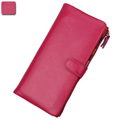 Women's RFID blocking genuine cowhide long leather wallet in rose red with zipper and buckle closure front view | Avenue