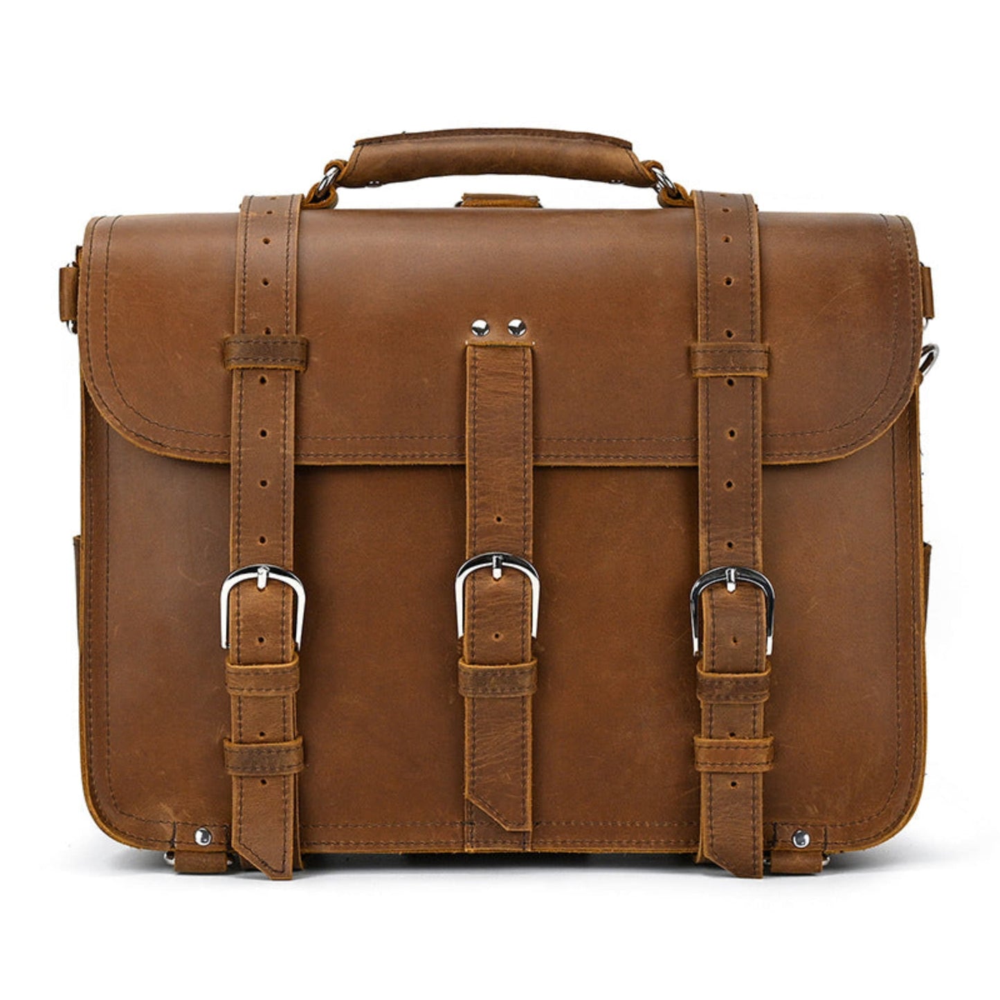 Avenue Men's Retro Crazy Horse Leather Briefcase & Travel Bag – Brown Front View with Triple Buckle Straps and Top Handle