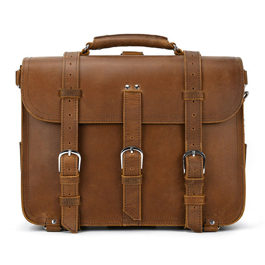 Avenue Men's Retro Crazy Horse Leather Briefcase & Travel Bag – Brown Front View with Triple Buckle Straps and Top Handle