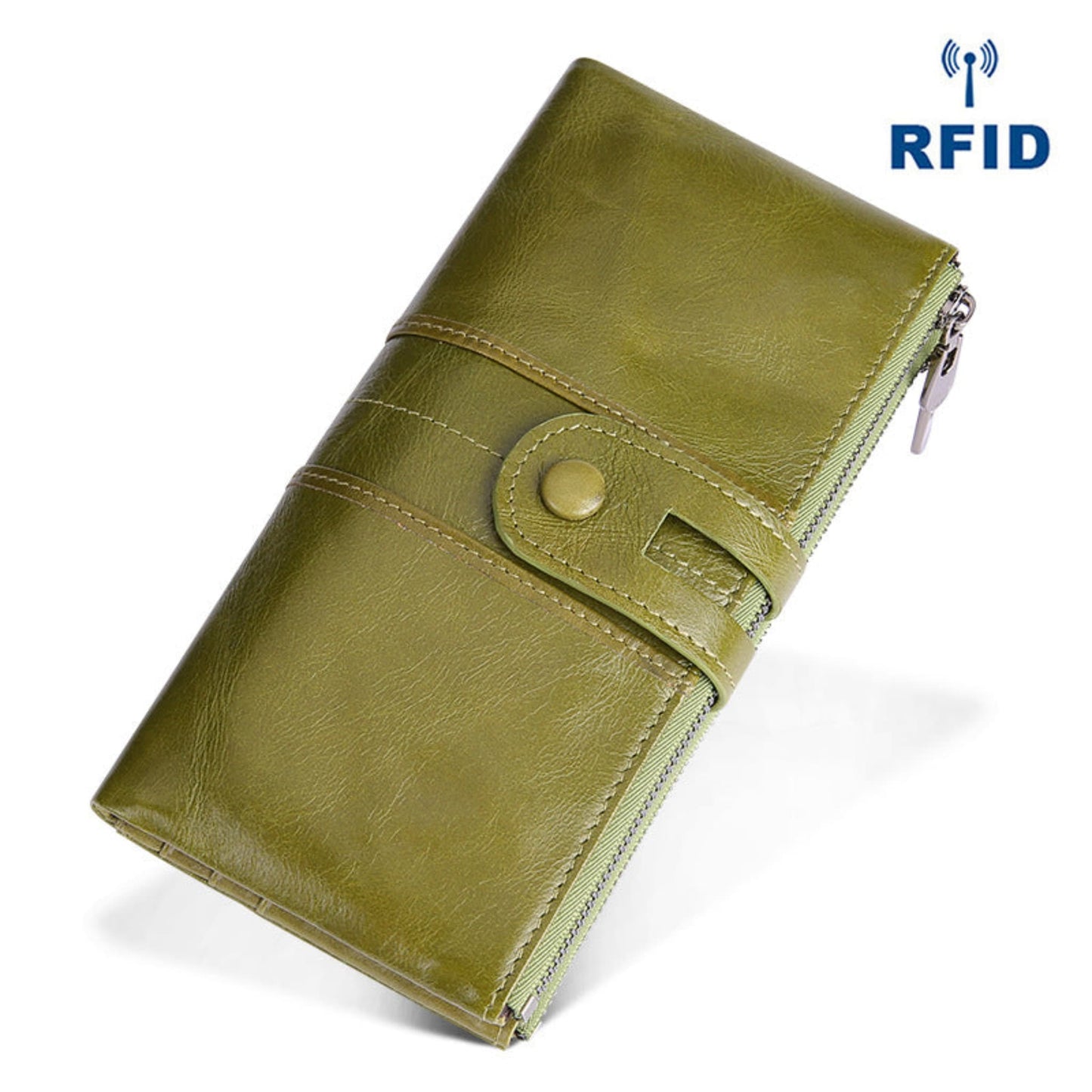 Women's RFID Long Leather Wallet first layer cowhide in Green with Fastening Strap and Zipper — angled top view | Avenue