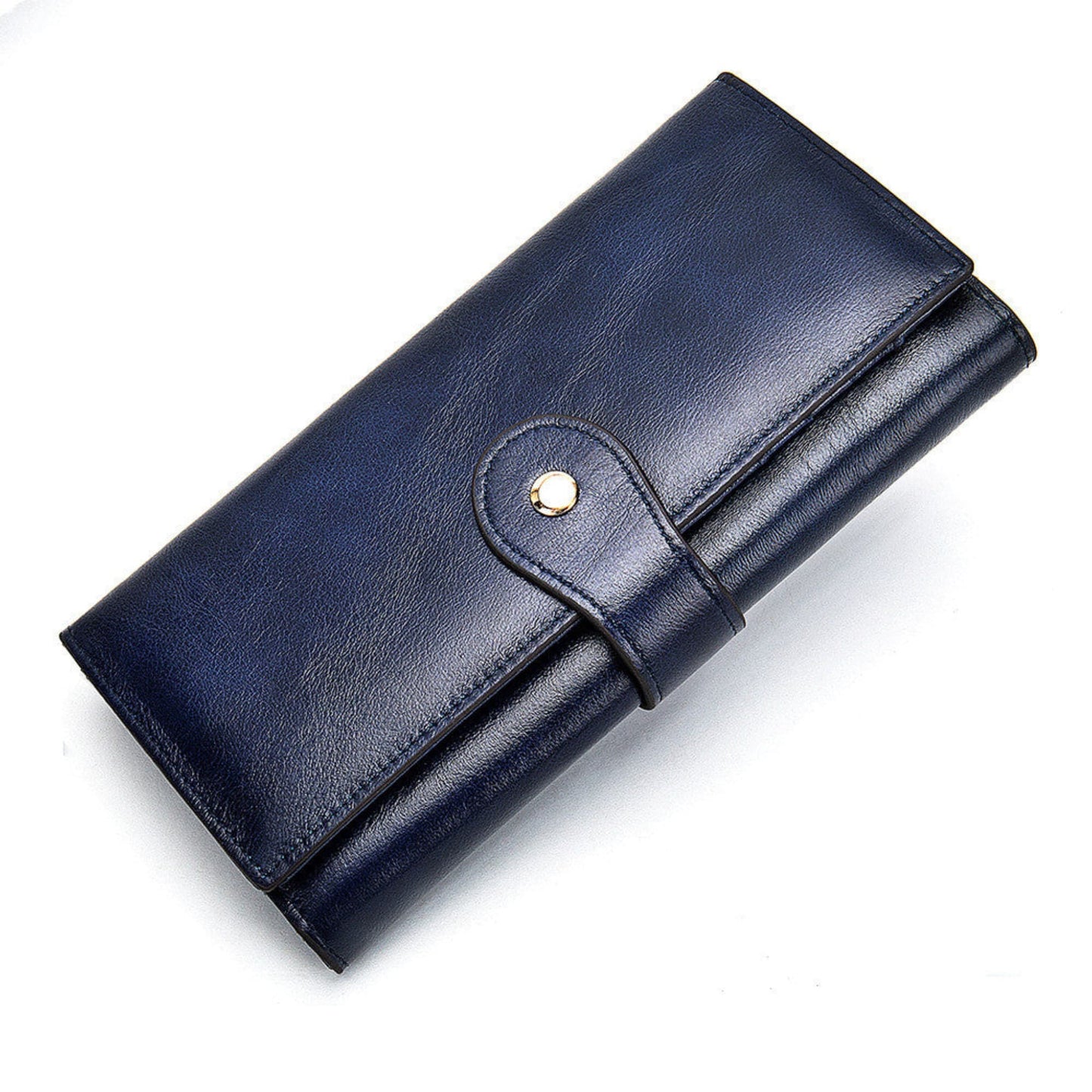 RFID Protected Women's Leather Wallet in Royal Blue with Gold Snap Closure – Front View | Avenue