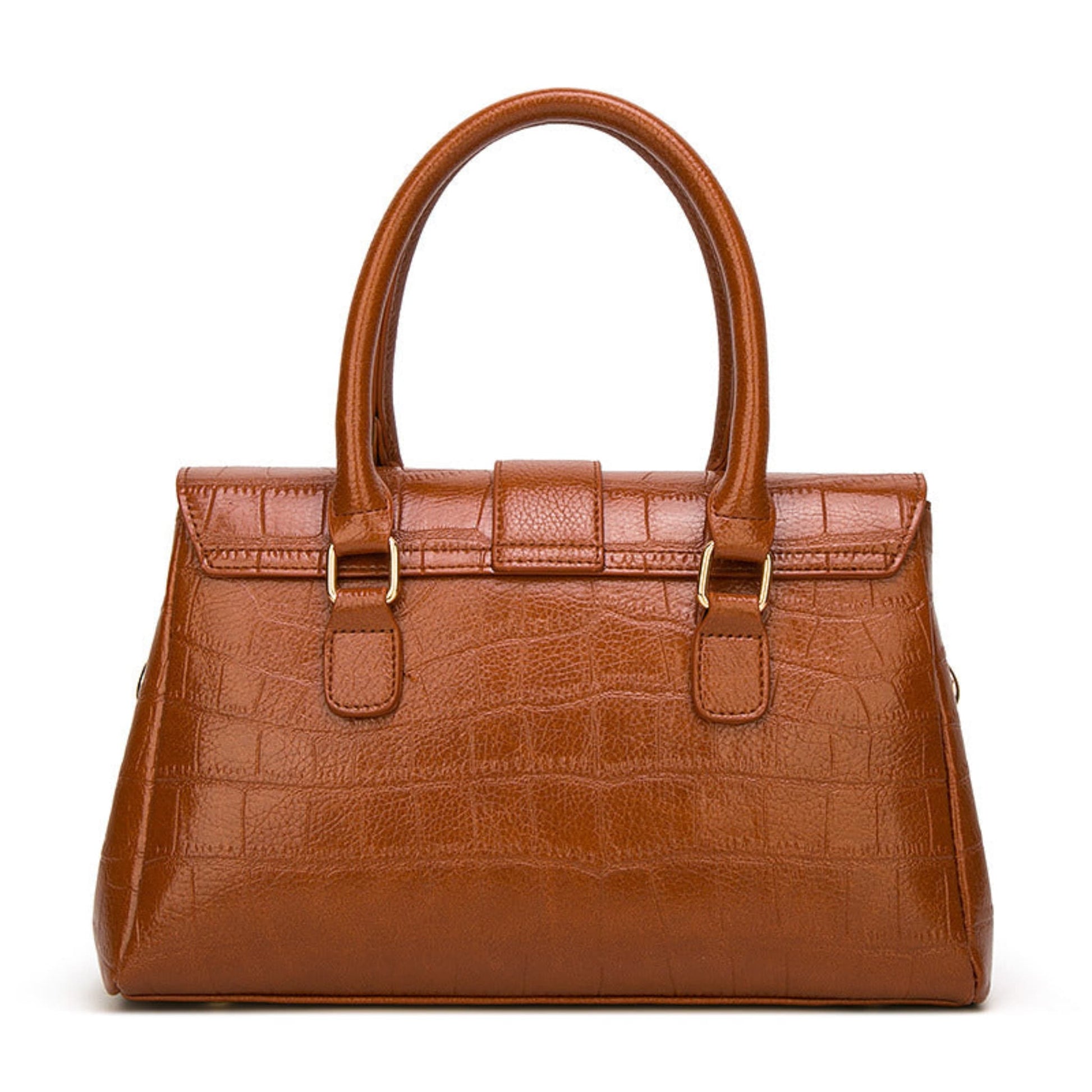 Women's Crocodile Pattern Leather Handbag in Brown with Top Handles and Gold Hardware – Back View | Avenue