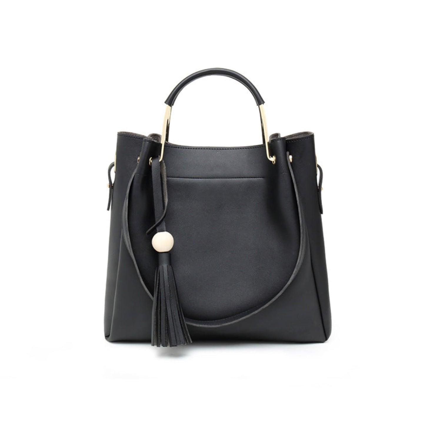 Avenue Tassel Bucket Bag for Women in Black – PU Leather Shoulder Bag with Gold Hardware and Tassel Detail