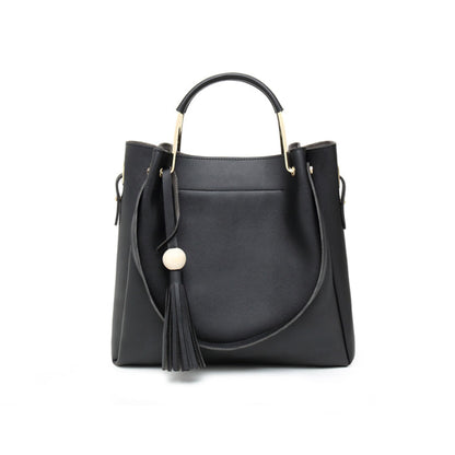 Avenue Tassel Bucket Bag for Women in Black – PU Leather Shoulder Bag with Gold Hardware and Tassel Detail