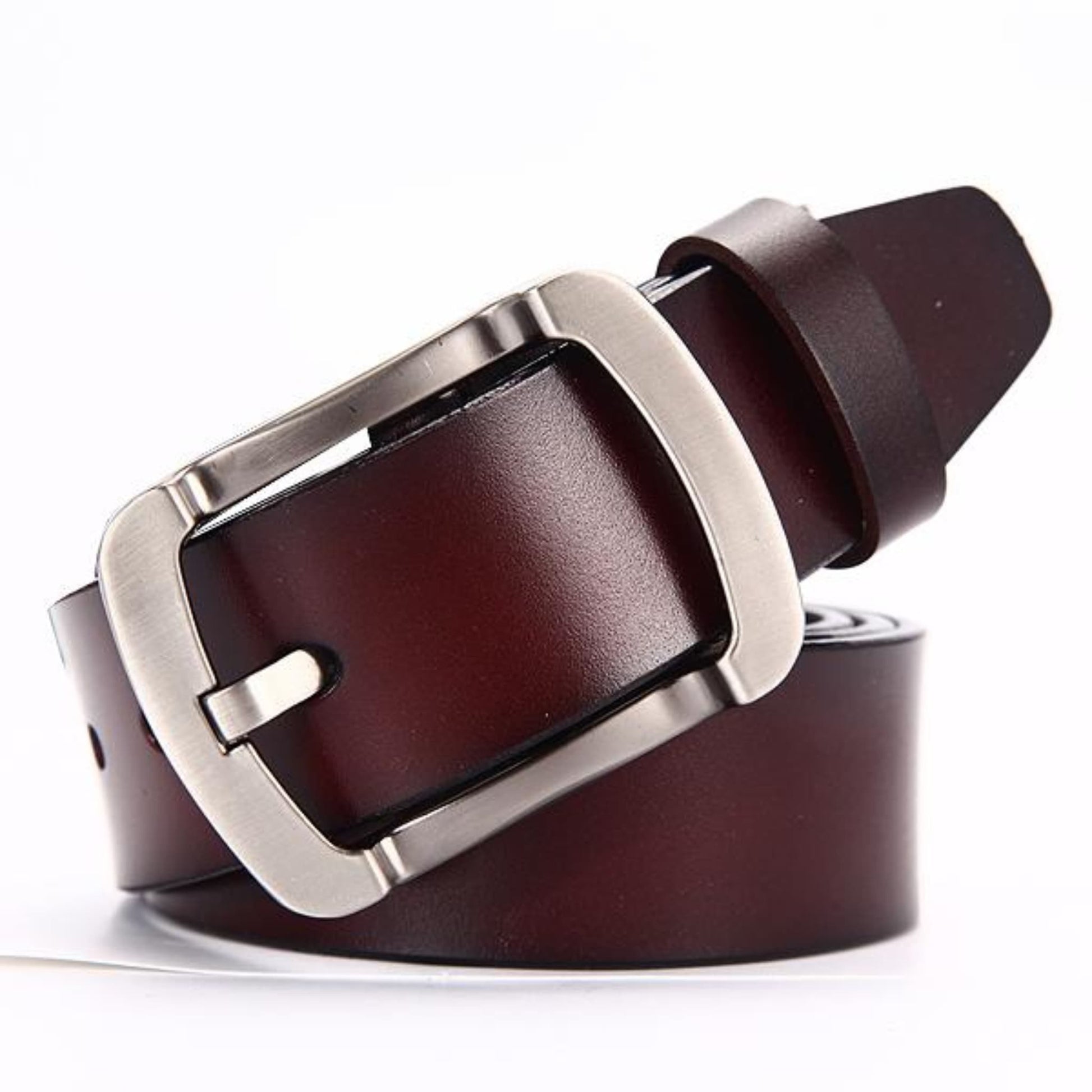Men's leather belt with silver dropped frame pin buckle in coffee on white background | Avenue