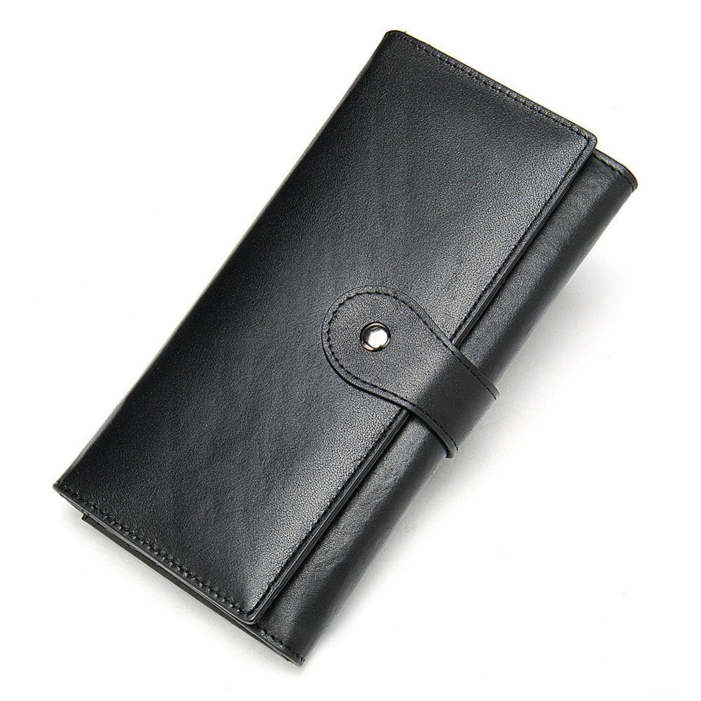 RFID Protected Women's Leather Wallet in Black with Gold Snap Closure– Front View | Avenue