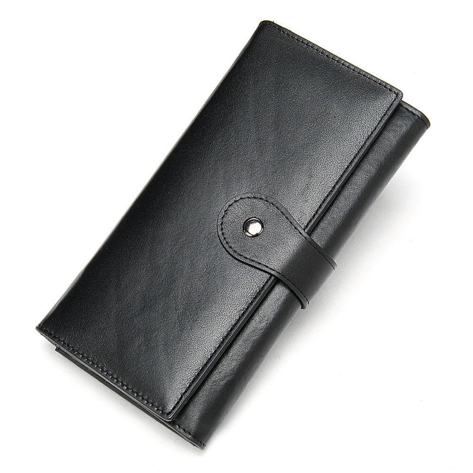 RFID Protected Women's Leather Wallet in Black with Gold Snap Closure– Front View | Avenue