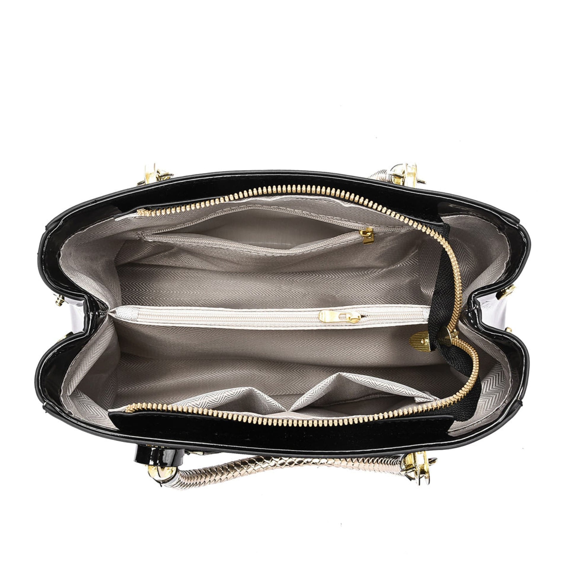 Black glossy patent leather shoulder bag with gold accents, interior view on a white background | Avenue