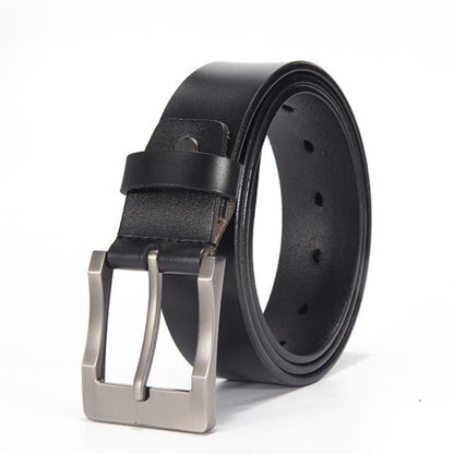 Men's leather belt with silver bent pin buckle in black on white background | Avenue