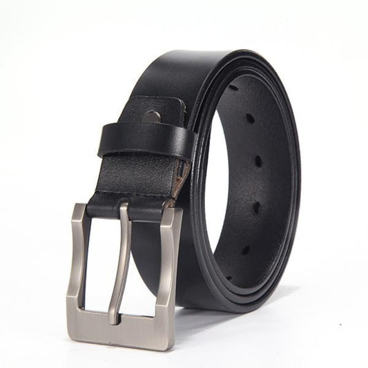 Men's leather belt with silver bent pin buckle in black on white background | Avenue