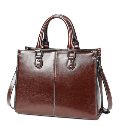 Women's Genuine Cowhide Leather Crossbody Handbag in Coffee with Top Handle, Shoulder Strap and Silver Hardware – Avenue