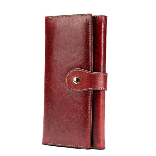 RFID Protected Women's Leather Wallet in Red with Gold Snap Closure – Front View | Avenue