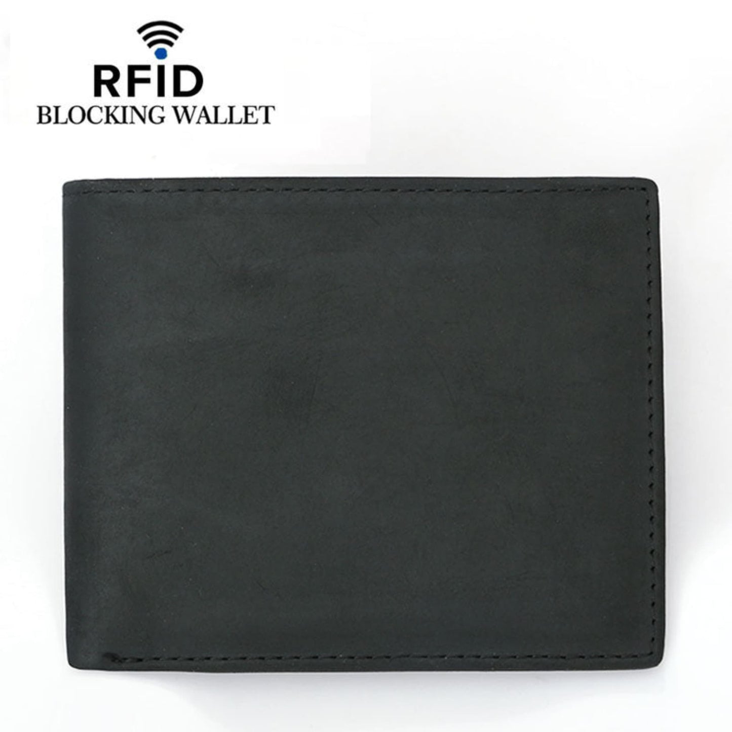 Men's premium crazy horse black RFID protected leather wallet front view on white background | Avenue