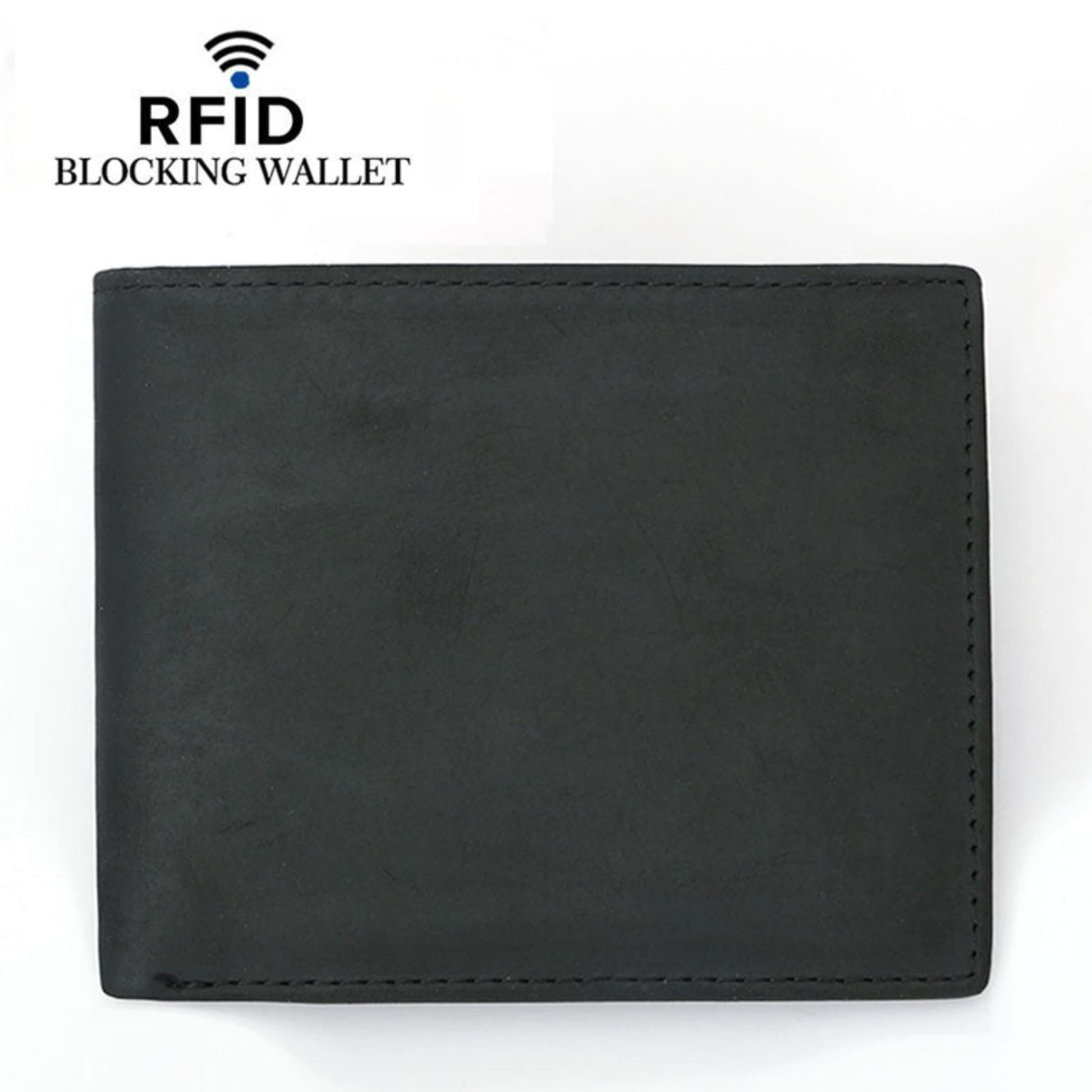 Men's premium crazy horse black RFID protected leather wallet front view on white background | Avenue