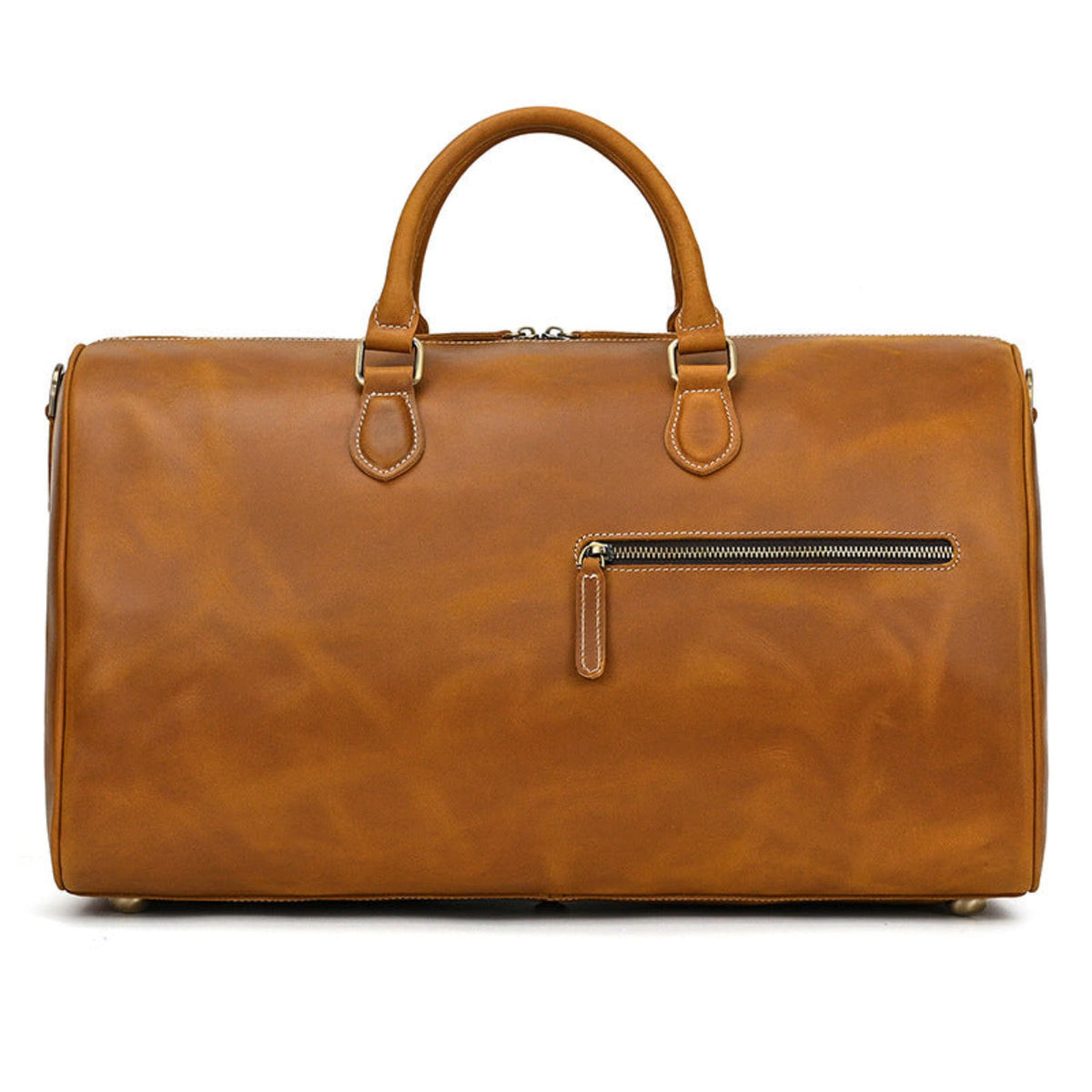 Avenue Retro Crazy Horse Leather Travel Bag in Light Brown — front view with gold zipper pocket and dual top handles — genuine leather duffle bag — white background