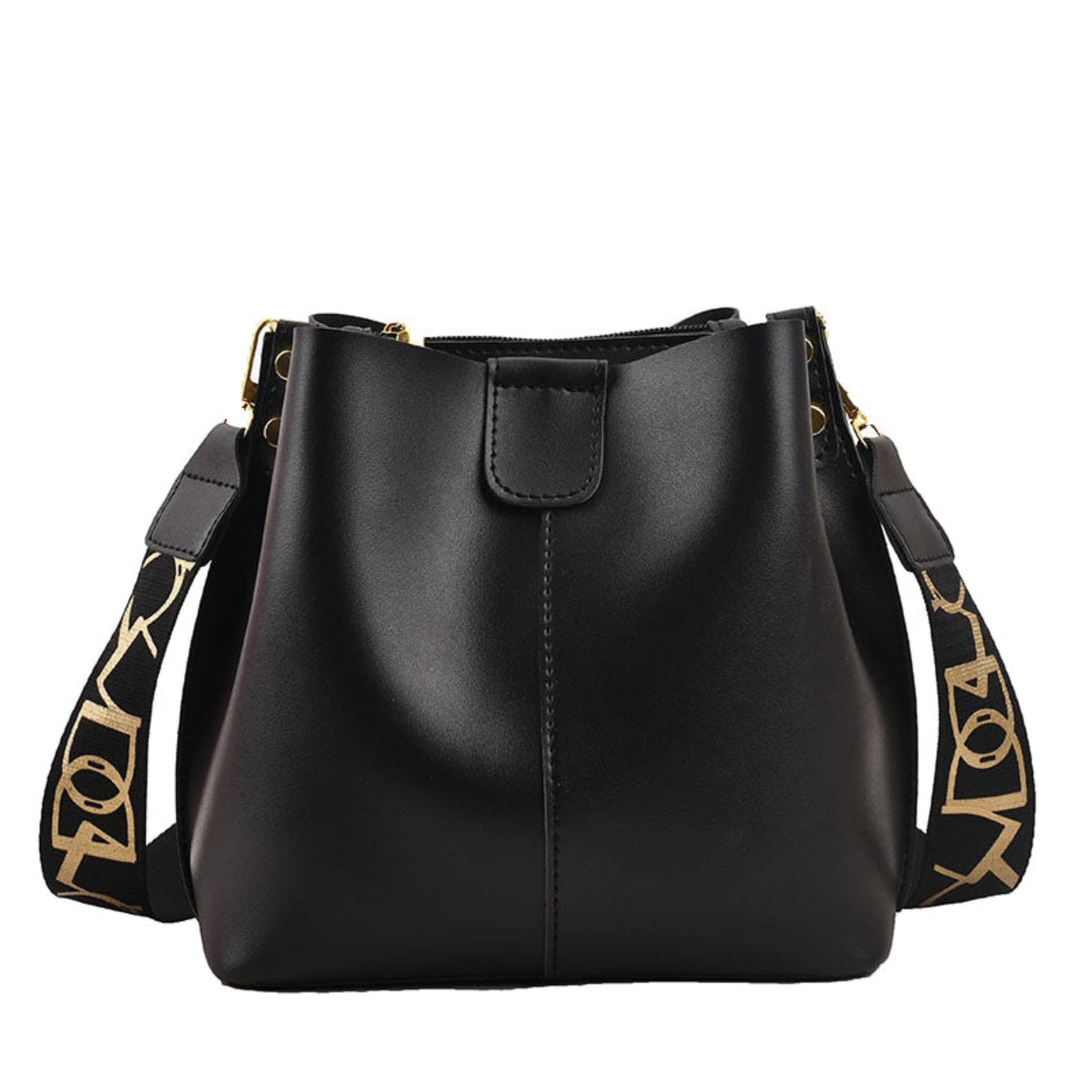 Avenue Wide Shoulder Strap Bucket Bag for Women in Black - PU Leather Crossbody Bag Front View with Adjustable Patterned Shoulder Strap and Gold Hardware