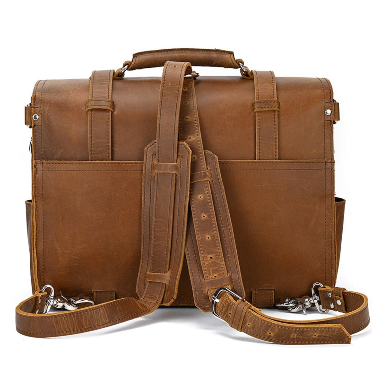 Avenue Men's Retro Crazy Horse Leather Briefcase & Travel Bag – Brown Back View Showing Padded Backpack Straps and Detachable Shoulder Strap