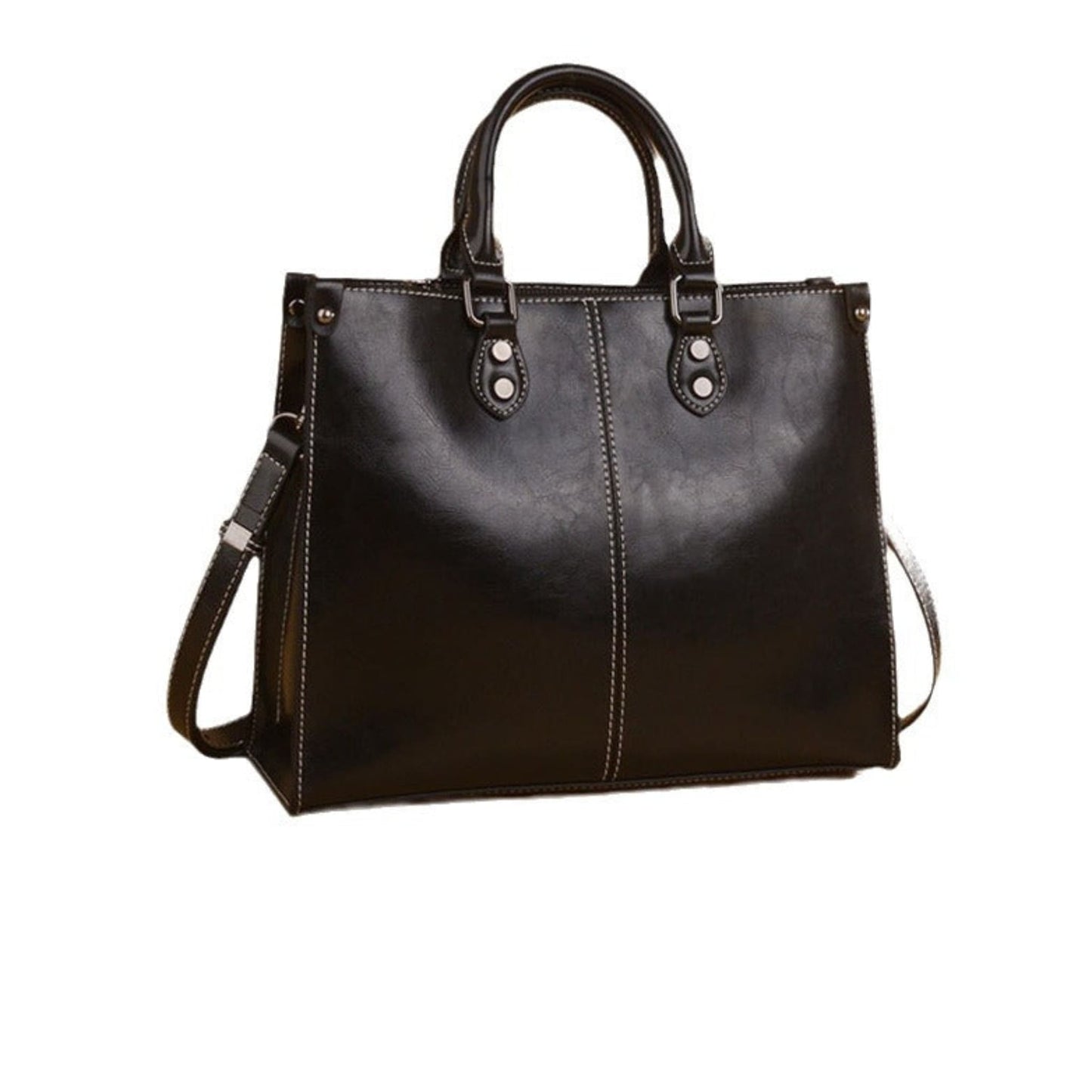 Women's Genuine Cowhide Leather Crossbody Handbag in Black with Top Handle, Shoulder Strap and Silver Hardware – Avenue
