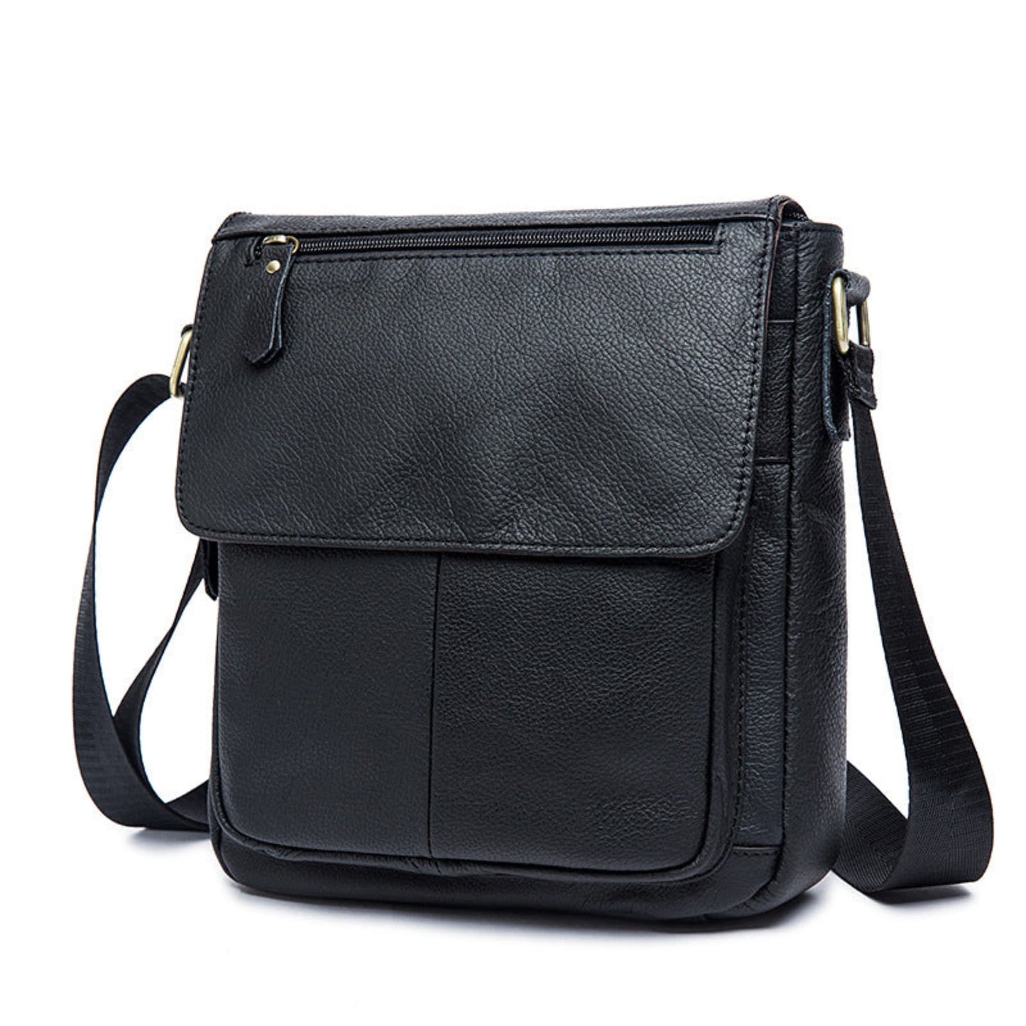 Men's Leather Shoulder Bag in Black – Avenue | Front View with Adjustable Strap
