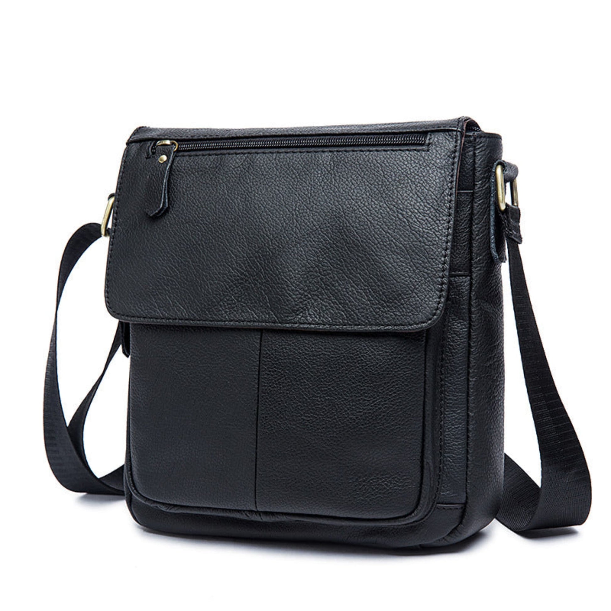 Men's Leather Shoulder Bag in Black – Avenue | Front View with Adjustable Strap