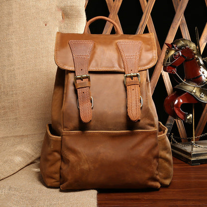 Ladies Leather Retro Backpack in Brown – Lifestyle Shot with Vintage Decor | Avenue