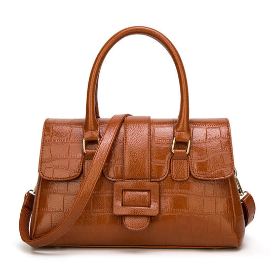Women's Crocodile Pattern Leather Handbag in Brown with Top Handles and Crossbody Strap – Front View | Avenue