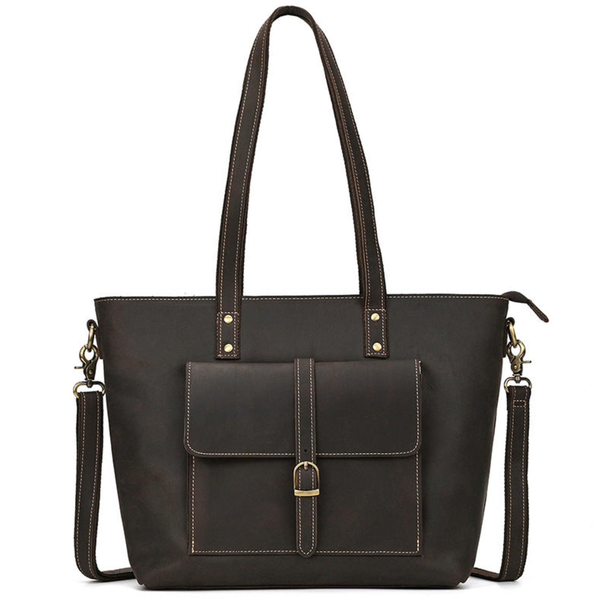 Avenue Crazy Horse Genuine Leather Tote Bag 1096 – Dark Brown, front view, flap pocket with gold buckle, crossbody strap
