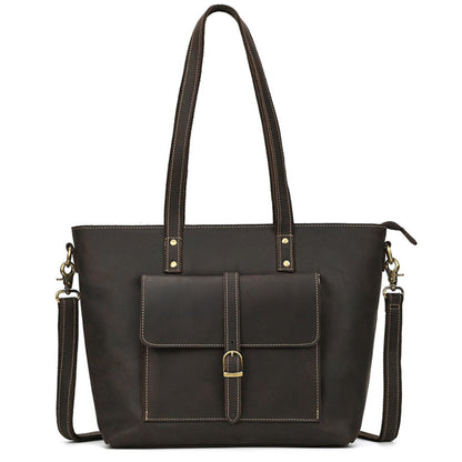 Avenue Crazy Horse Genuine Leather Tote Bag 1096 – Dark Brown, front view, flap pocket with gold buckle, crossbody strap