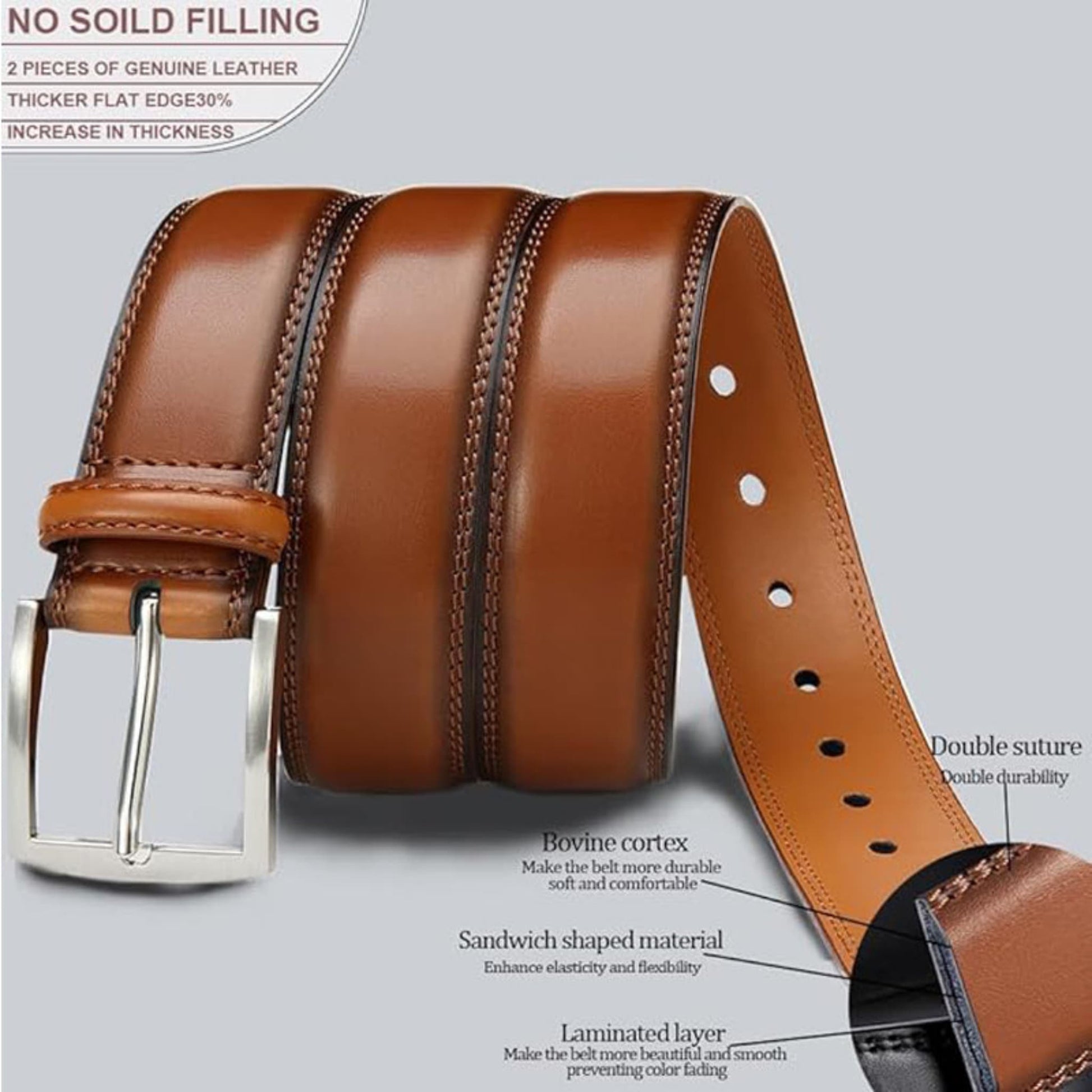 Women's light brown genuine leather dress belt – single piece cowhide construction with double saddle stitching detail – Avenue