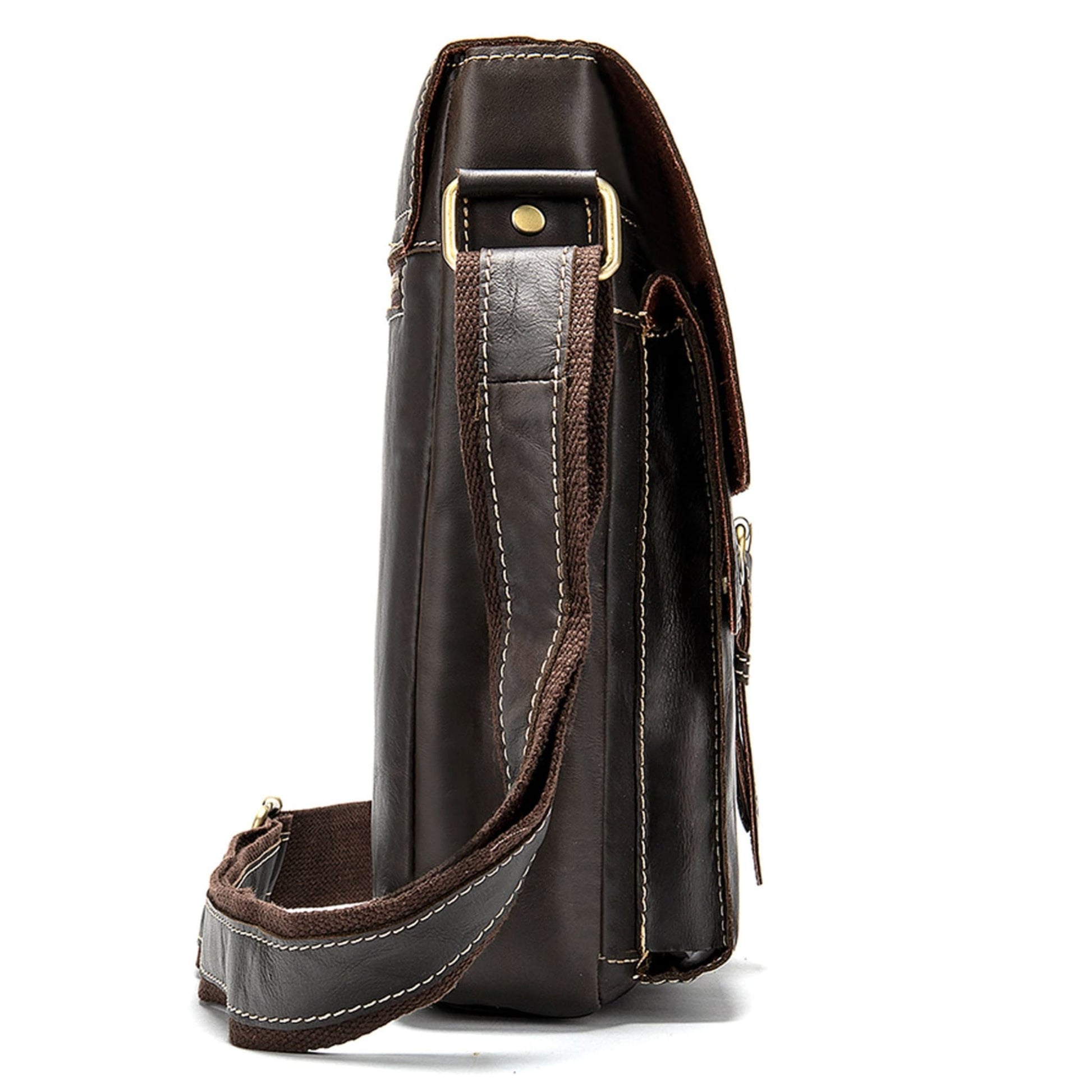 Avenue Men's Genuine Leather Crossbody Bag — Cowhide Shoulder Bag in coffee, side view showing adjustable strap, brass hardware, and slim profile