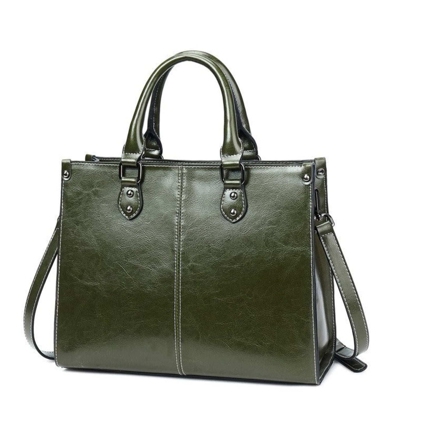 Women's Genuine Cowhide Leather Crossbody Handbag in Dark Green with Top Handle, Shoulder Strap and Silver Hardware – Avenue
