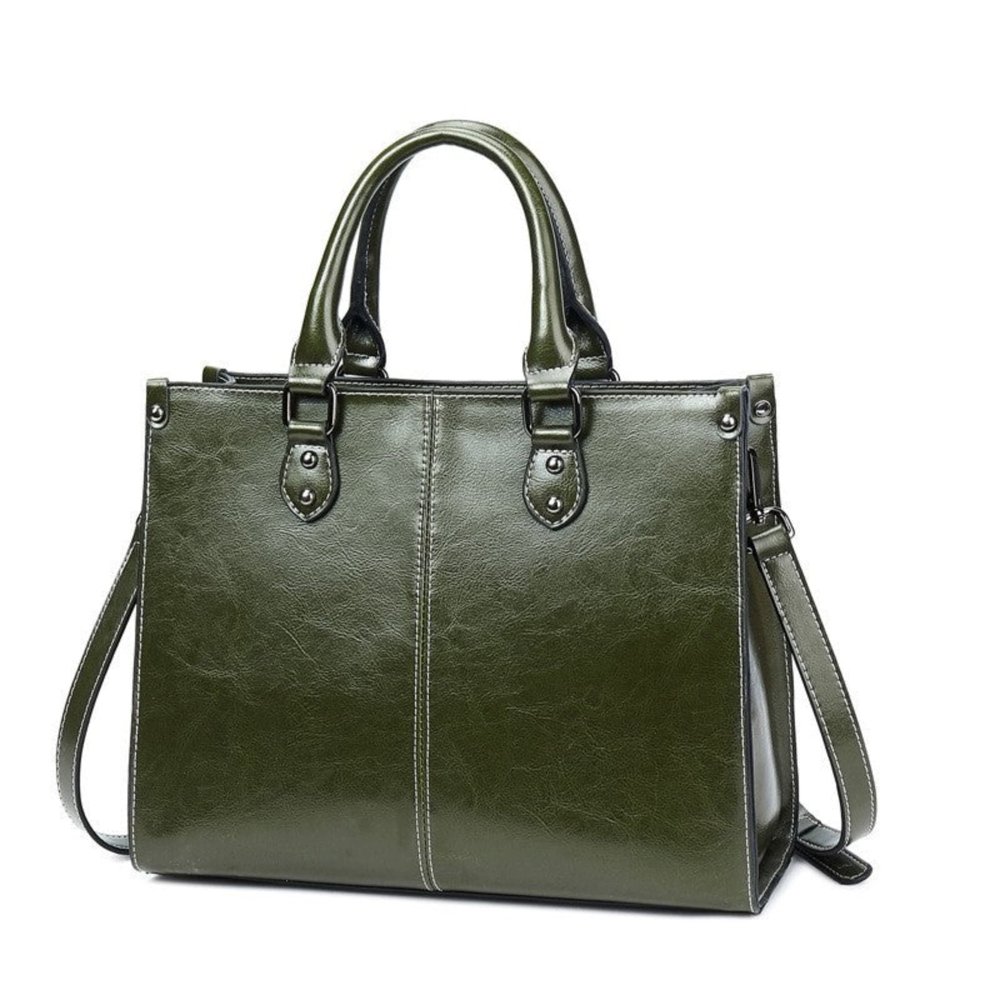 Women's Genuine Cowhide Leather Crossbody Handbag in Dark Green with Top Handle, Shoulder Strap and Silver Hardware – Avenue