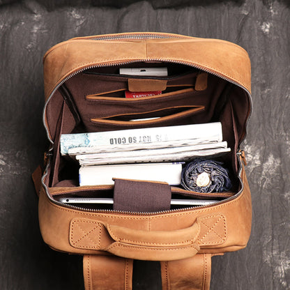 Avenue Brown Yellow Retro Crazy Horse leather backpack for men – interior view showing multiple compartments, card slots, laptop sleeve, and spacious main pocket