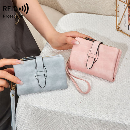 model showing Women's RFID PU leather wallets in gray and pink   – Avenue