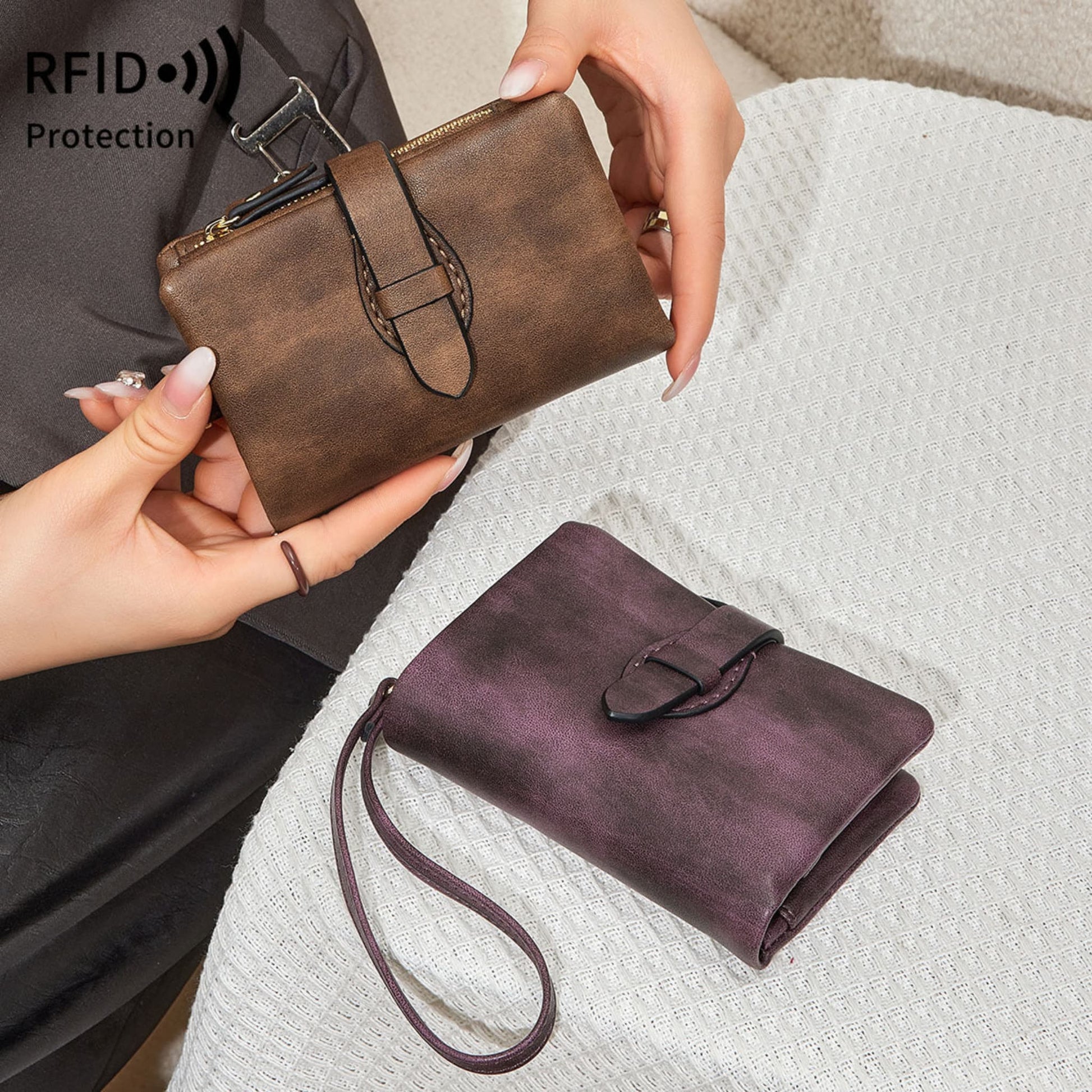 model showing Women's RFID PU leather wallets in coffee and  dark purple – Avenue