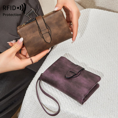 model showing Women's RFID PU leather wallets in coffee and  dark purple – Avenue