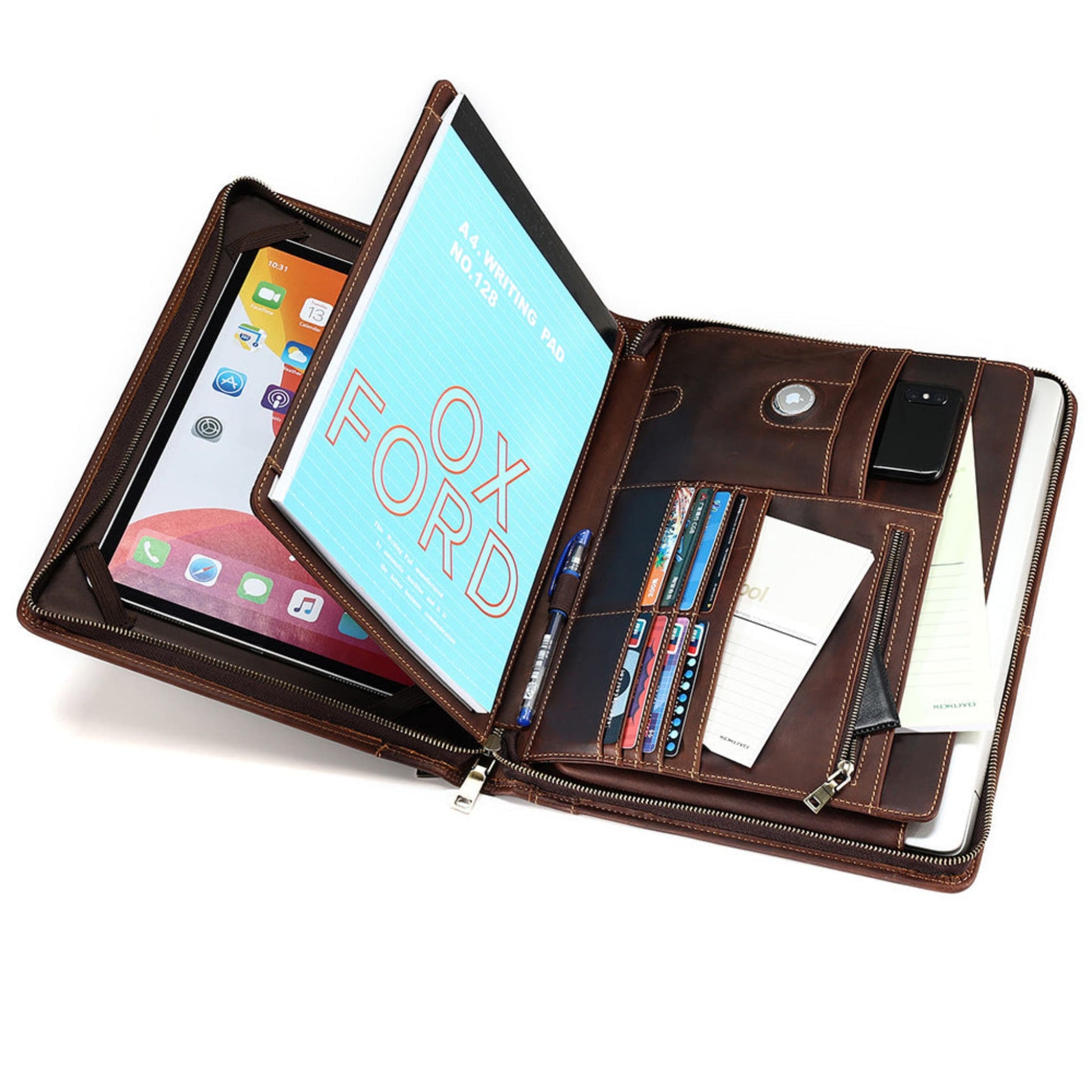 Avenue Men's Crazy Horse Leather Laptop Briefcase 13.3 Inch — Open Angled View Showing Tablet Sleeve, Writing Pad, Pen Slots, Card Pockets, Phone and Laptop Compartments in Coffee Brown