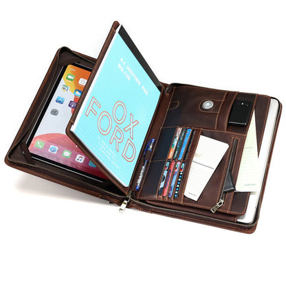 Avenue Men's Crazy Horse Leather Laptop Briefcase 13.3 Inch — Open Angled View Showing Tablet Sleeve, Writing Pad, Pen Slots, Card Pockets, Phone and Laptop Compartments in Coffee Brown