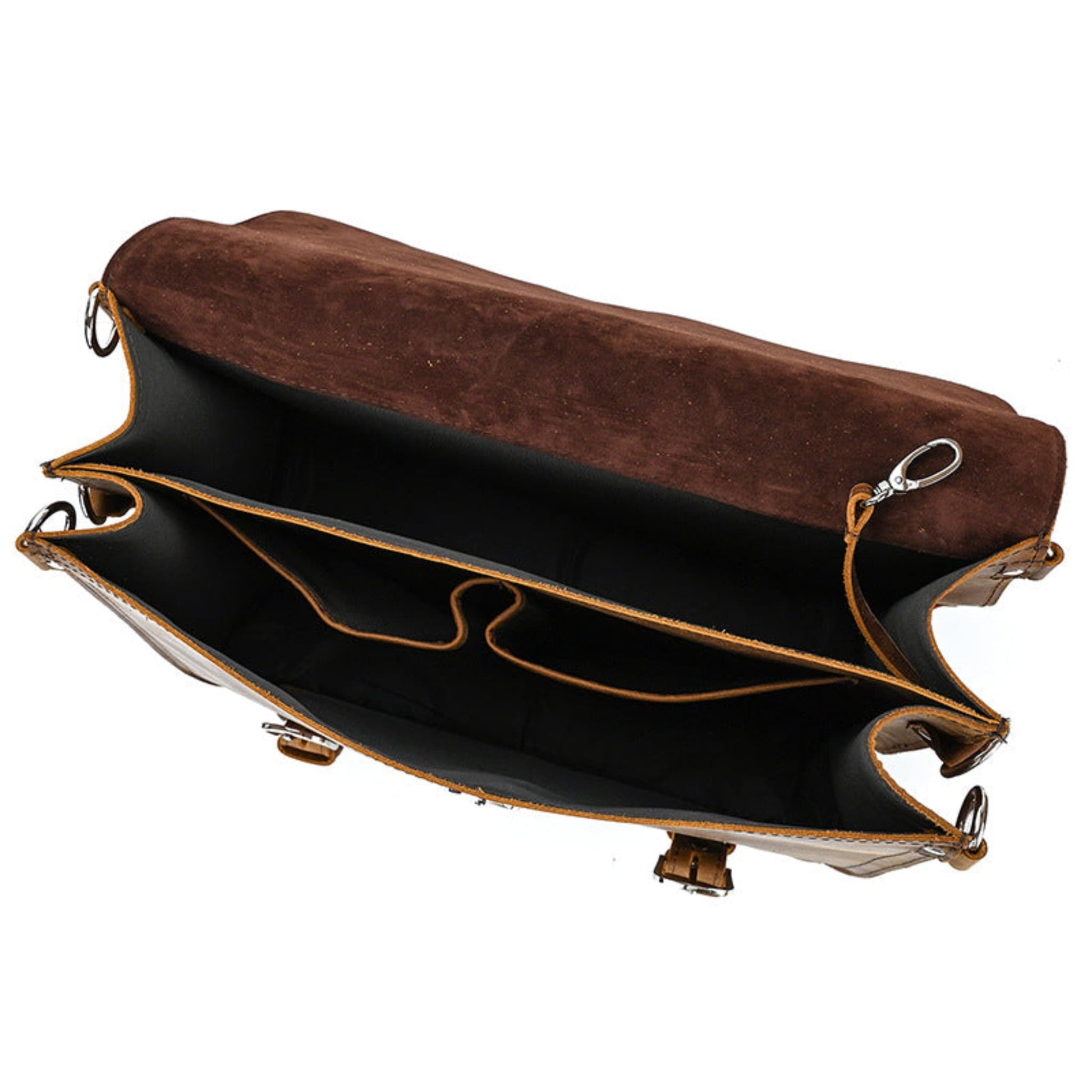 Avenue Men's Retro Crazy Horse Leather Briefcase & Travel Bag – Brown Interior View Showing Spacious Main Compartment and Organiser Pockets