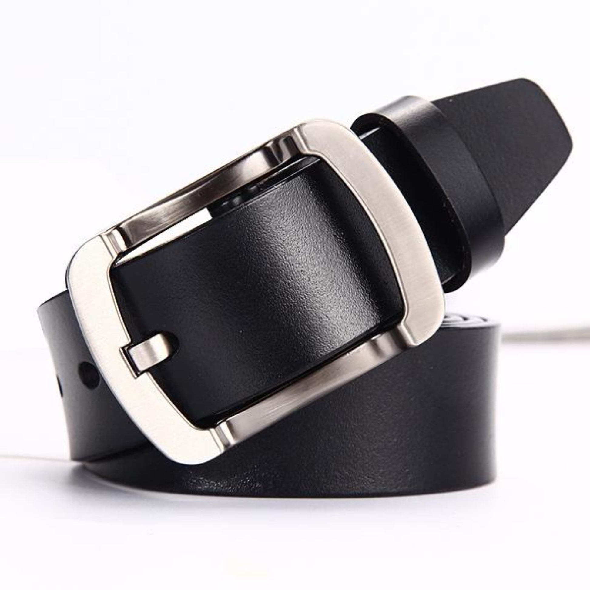 Men's leather belt with silver dropped frame pin buckle in black on white background | Avenue