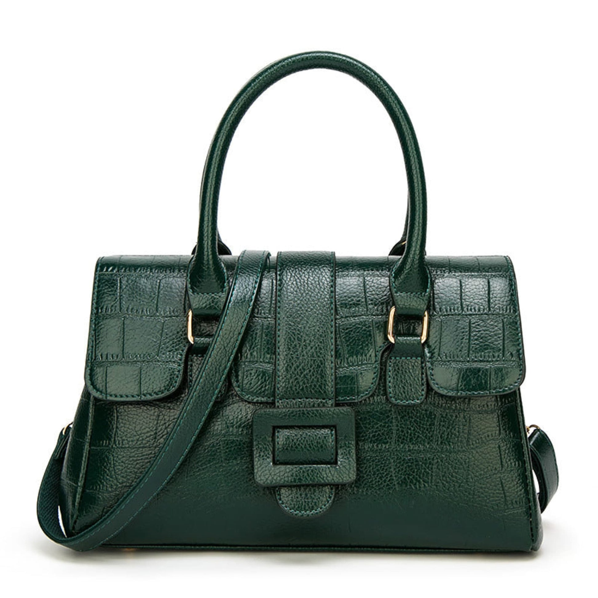 Women's Crocodile Pattern Leather Handbag in Green with Top Handles and Crossbody Strap – Front View | Avenue