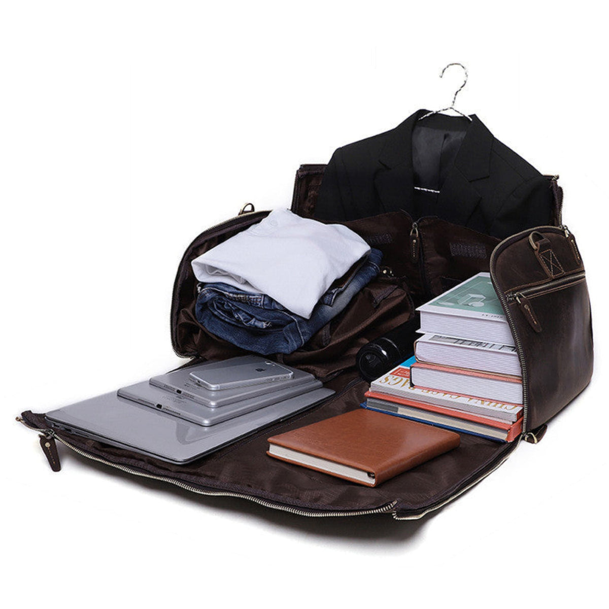 Men's Crazy Horse Leather Retro Duffle Bag – First Layer Cowhide Travel Bag in Coffee, open capacity view on white background showing main compartment packed with clothing, jeans, blazer on hanger, laptop, iPad, phone, books and wallet demonstrating full travel capacity | Avenue